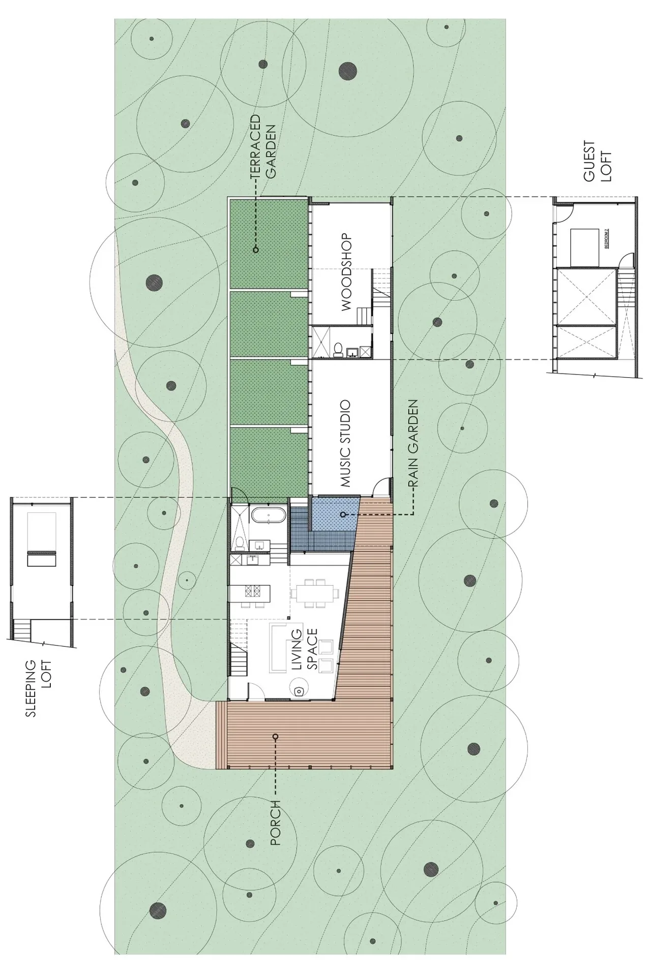 This floor plan for Bear Run Cabin includes a living space with porch, a music studio, woodshop, and terraced and rain gardens.