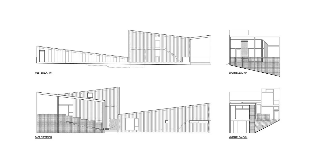 Elevation views of Bear Run Cabin show vertical wood siding and multiple sloped roof planes.