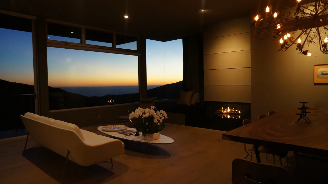 Yerba Buena Residence III features a living room with a corner picture window, a fireplace, and modern lighting at dusk.