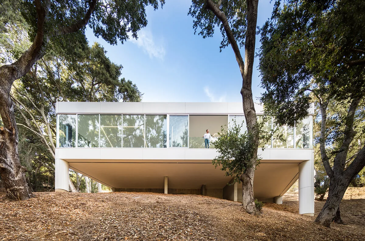 Pam & Paul's House features an elevated modern design with floor-to-ceiling glazing and a glass balcony, set among mature trees.