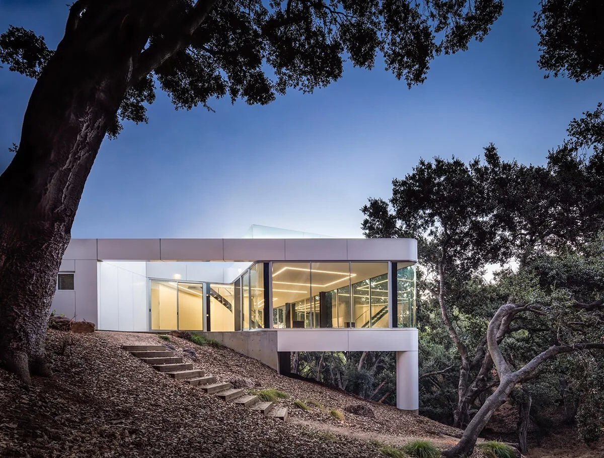 Pam & Paul’s House features floor-to-ceiling glazing and a cantilevered design overlooking woodland.