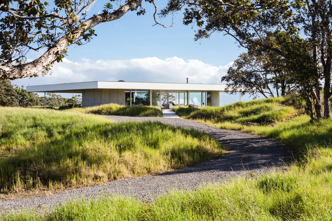Musubi House features a minimalist flat roof and glass curtain walls, positioned in a grassy landscape with a winding gravel path.