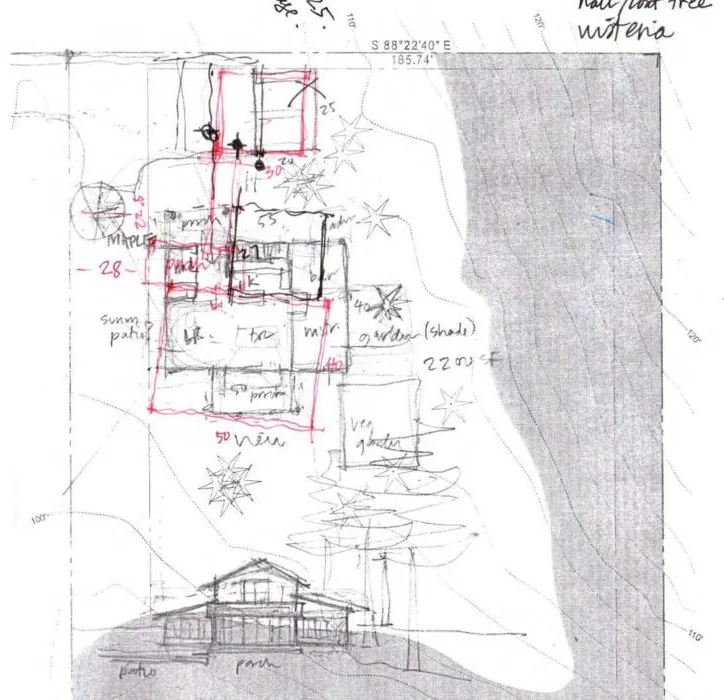 Preliminary hand sketch of site plan and side elevation for the Bainbridge Island Farmhouse project.