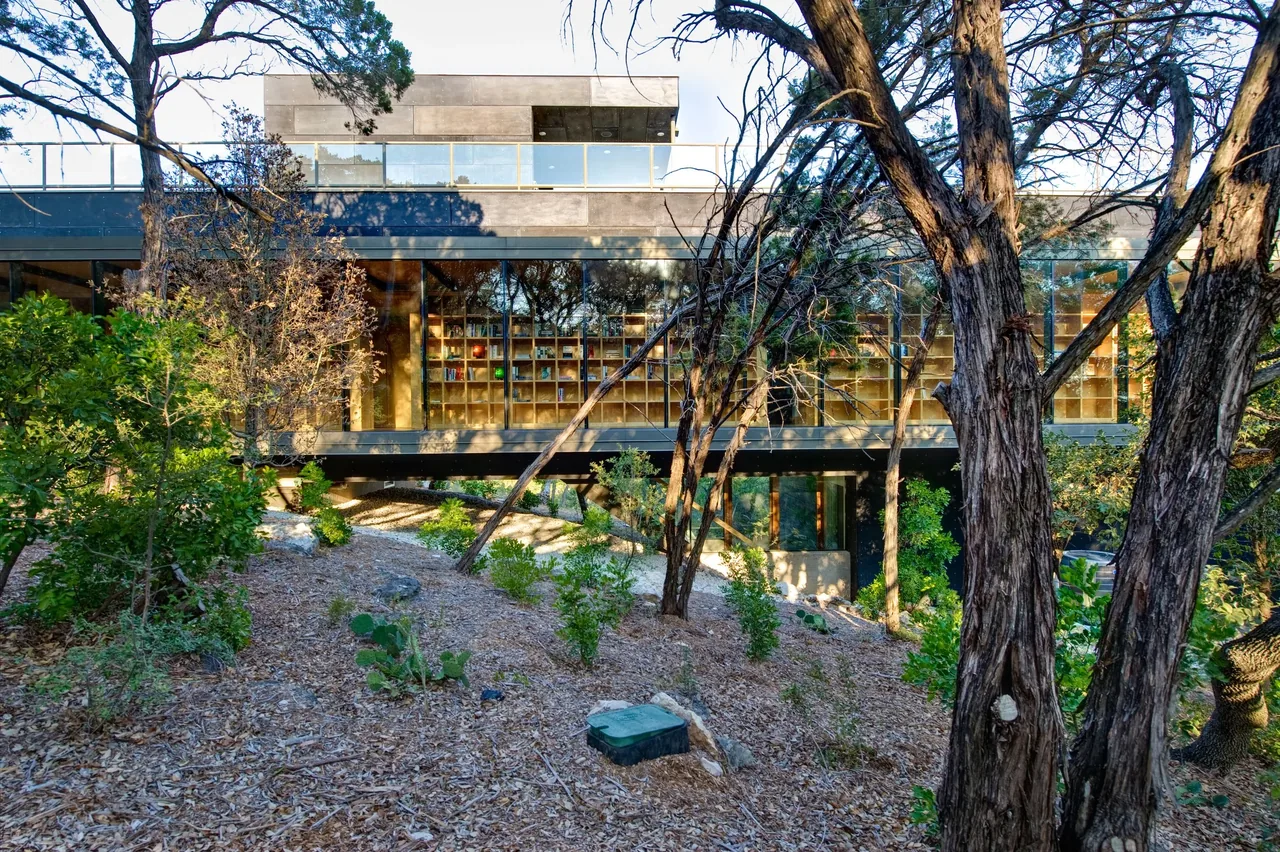 Wimberley Residence by Cunningham Architects features large floor-to-ceiling glazing on an elevated modern structure in a forest setting.