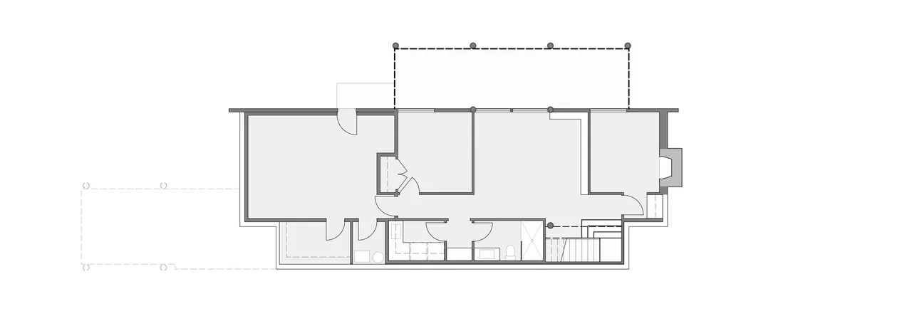 Floor plan of Buck Mountain Residence illustrating the arrangement of rooms and stairway.