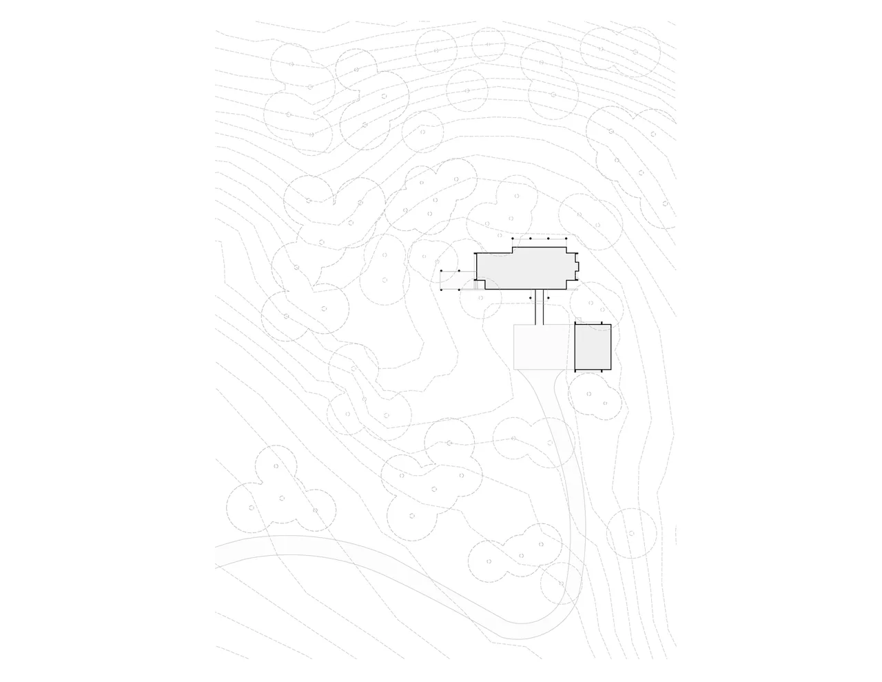 Site plan of Buck Mountain Residence illustrating building placement and surrounding landscape.