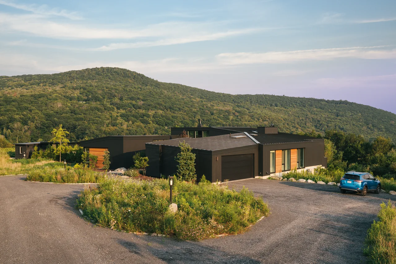 Rolling meadow house by David Weiner Architects features dark siding with wood accents set against a natural hillside.
