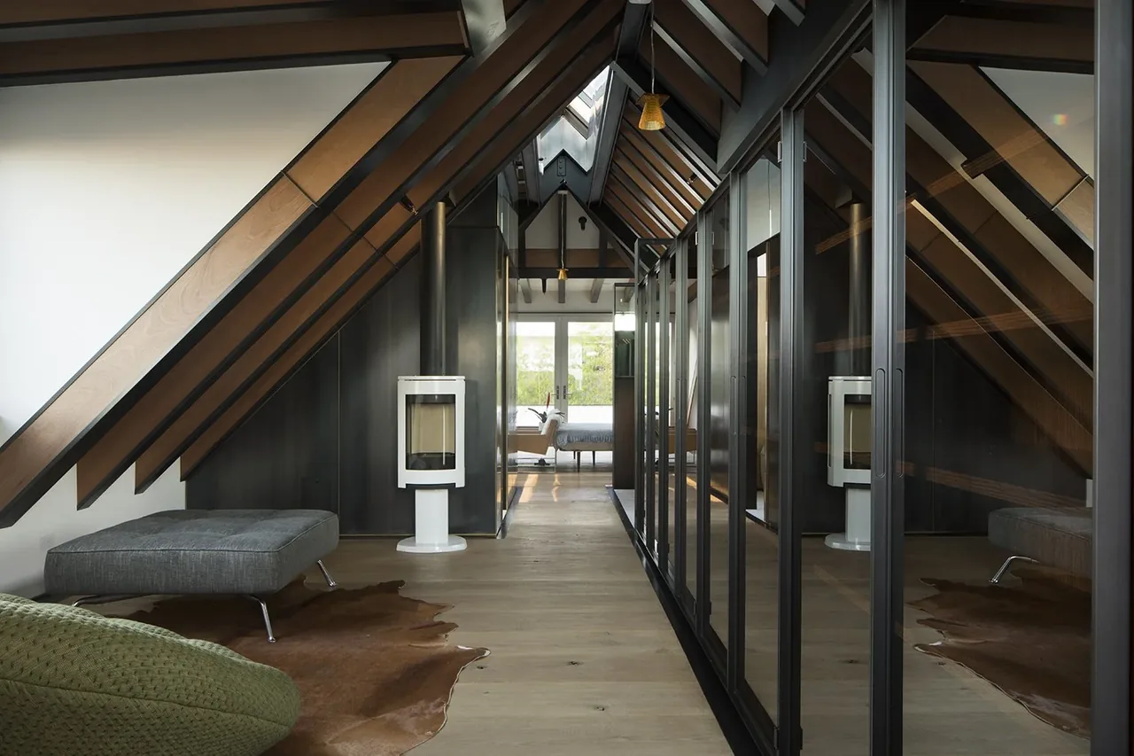 A corridor-like interior with sloped wood-paneled ceiling, glass closet doors, and a white freestanding fireplace.