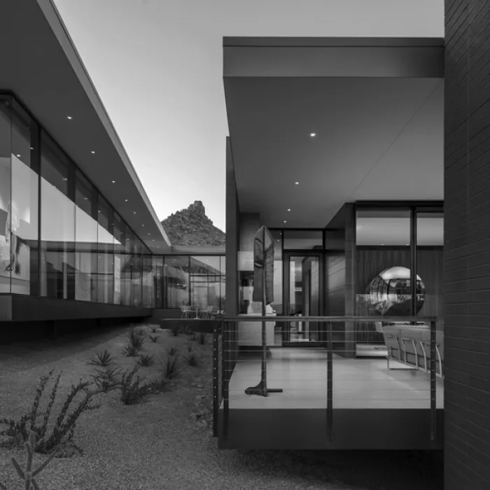 Exterior view of Desert Platform project showcasing floor-to-ceiling glazing and a covered patio with desert plants in front.