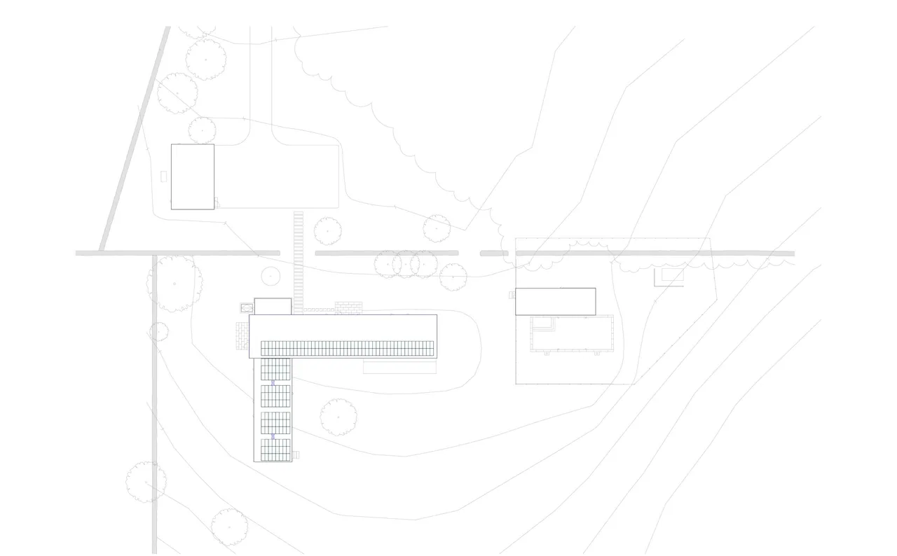 Site plan showing layout of the Sackett Hill House and nearby buildings with landscape features and topographic lines.