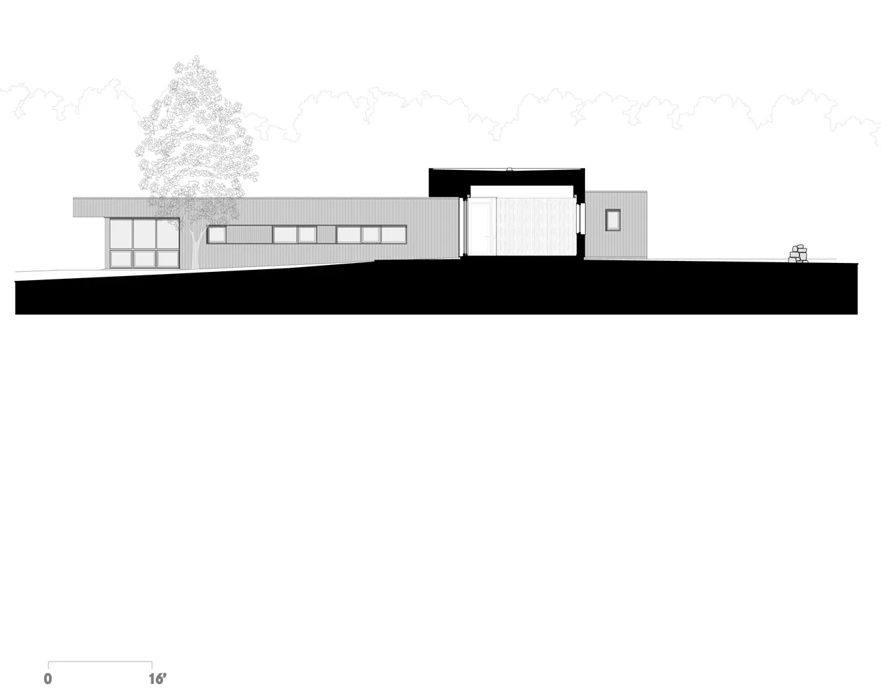 Elevation view of Sackett Hill House showing flat roofline, horizontal rectangular windows, and a front entry porch.