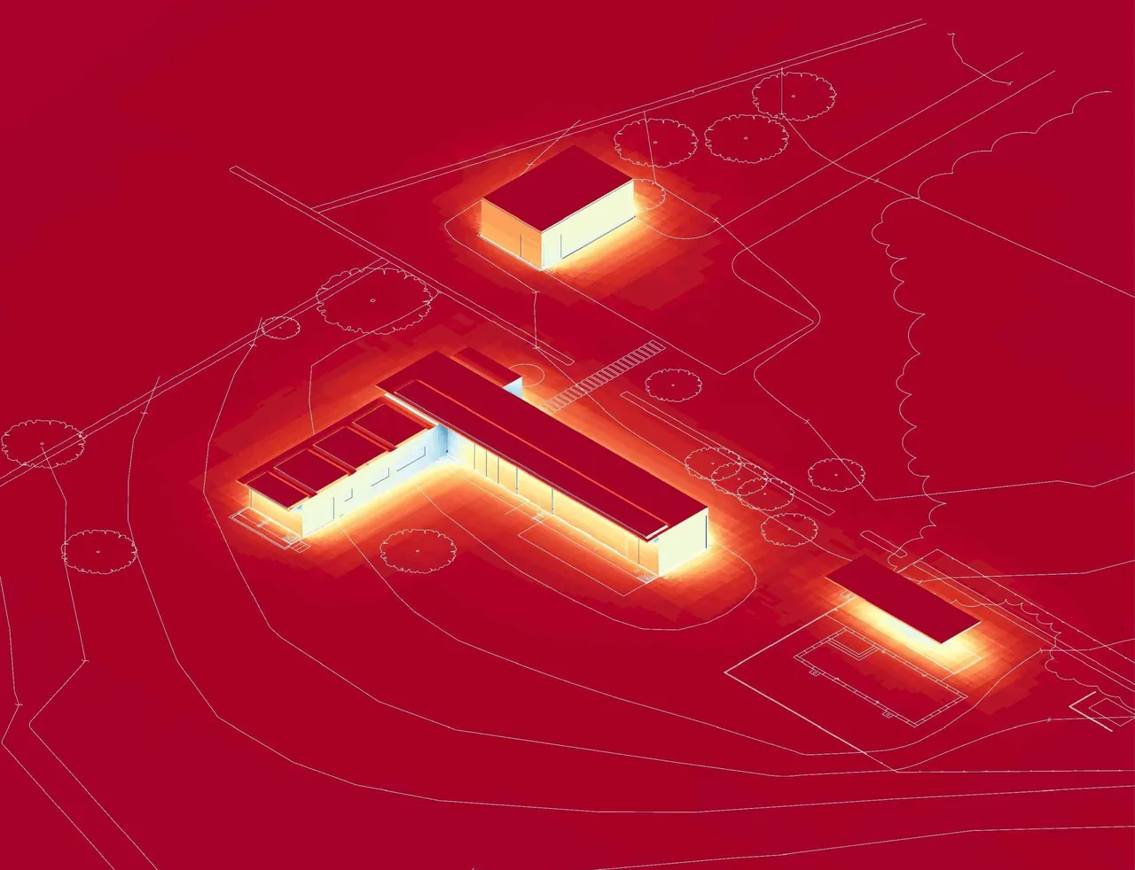 Lighting-focused digital rendering illustrates illuminated buildings and site pathways for Sackett Hill House project.