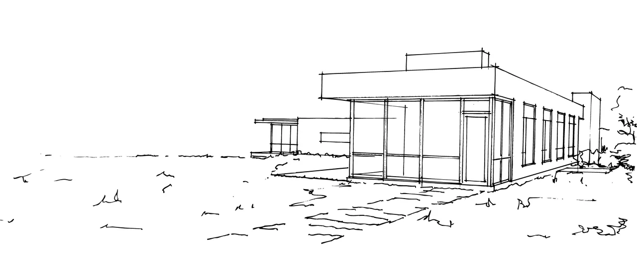 Line drawing of Sackett Hill House showing flat roof and large rectangular windows.