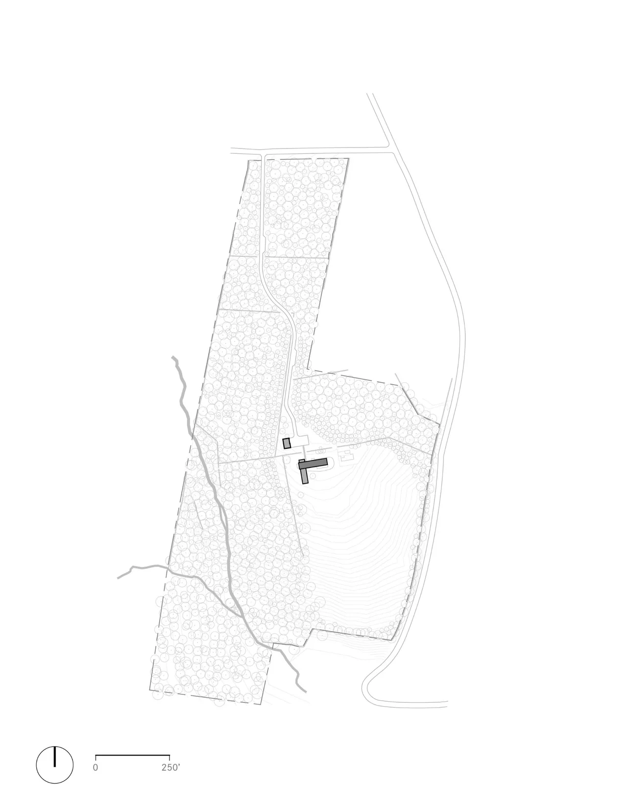 Site plan of Sackett Hill House displaying building locations, topography contours, and surrounding forested area.