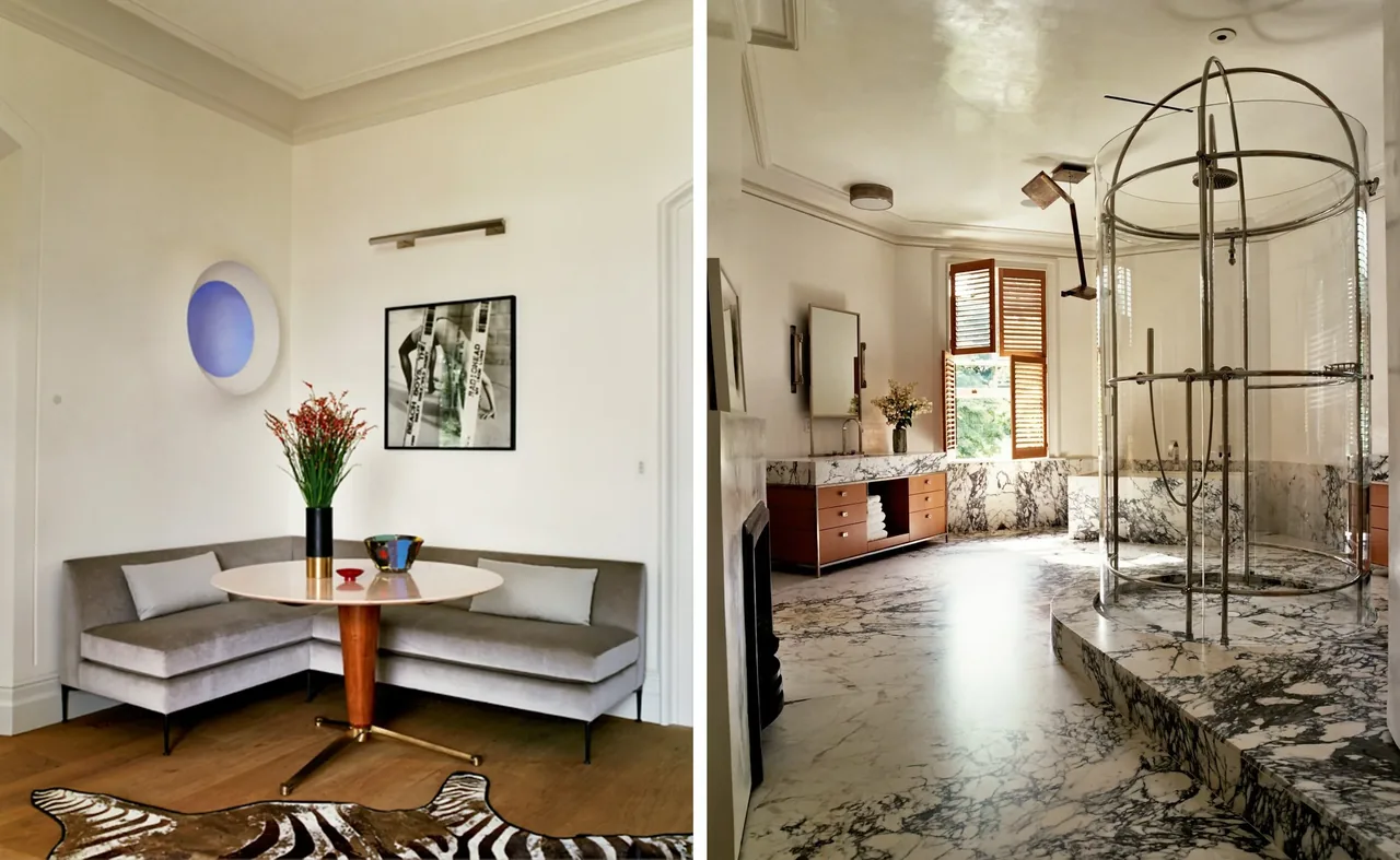 Left: living seating nook with sofa and table; right: marble bathroom with central round glass shower and wooden shutters on window.