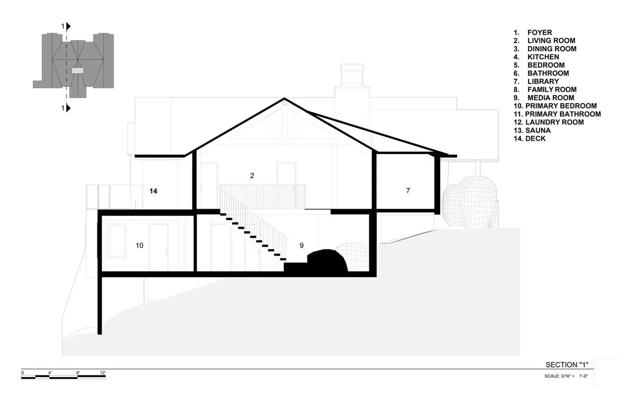 Architectural section '1' drawing for Bold Tahoe Lodge Transformation showing room layout and cross-section.