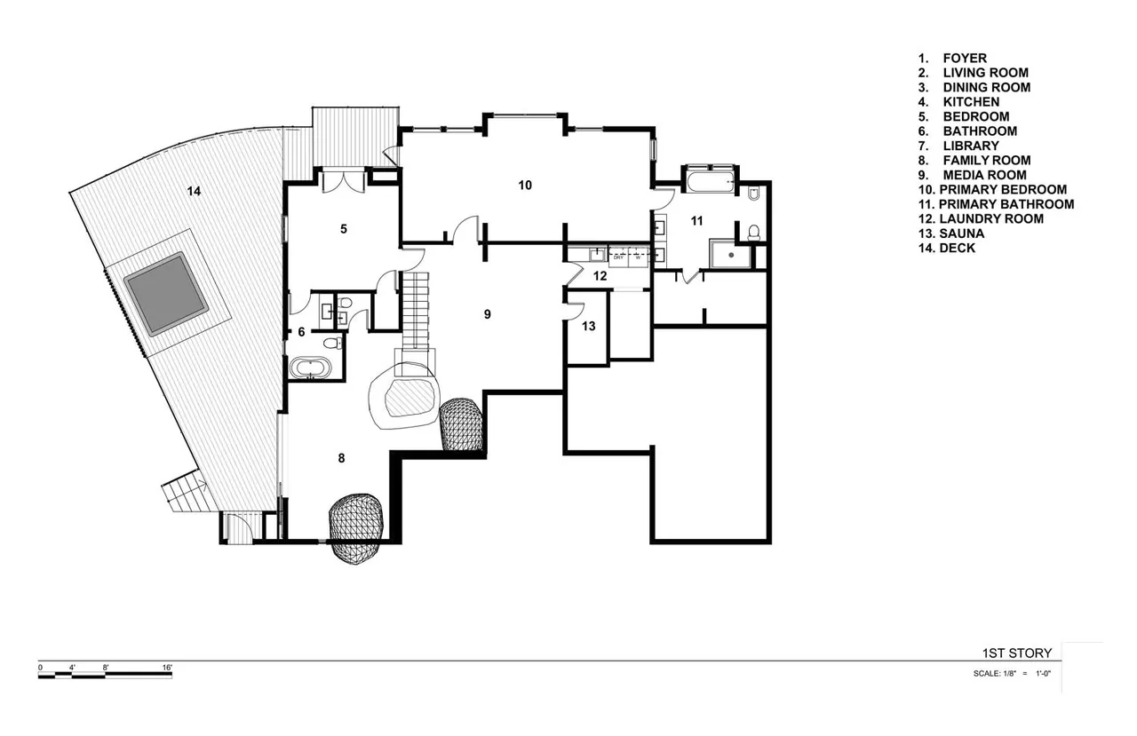 Detailed floor plan showing layout of first story with living, dining, kitchen, bedrooms, media room, sauna, laundry, and deck areas.