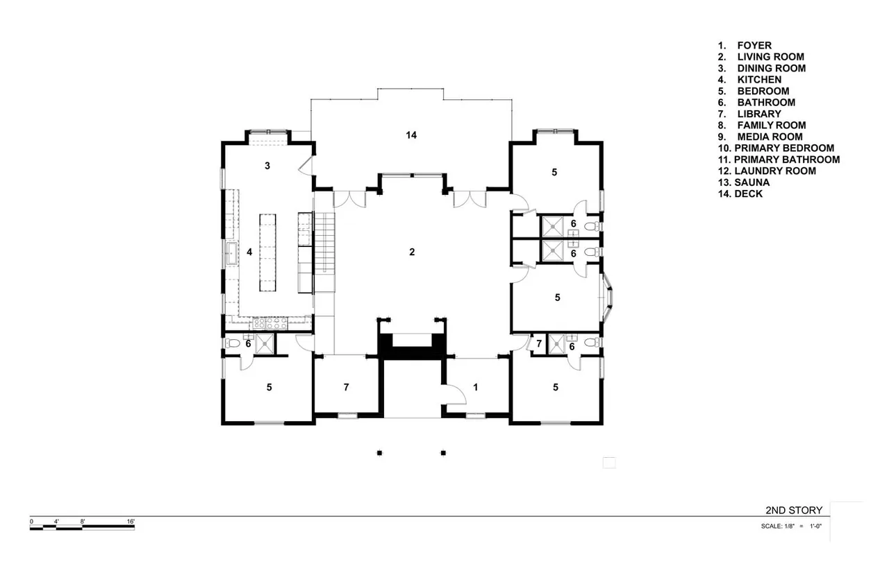Second story floor plan showing layout of rooms such as living room, kitchen, bedrooms, bathrooms, and deck.