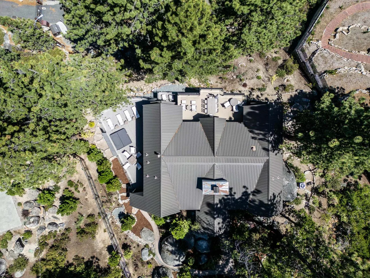 Overhead photo showing the gable roof and outdoor patio area of the Bold Tahoe Lodge Transformation project.