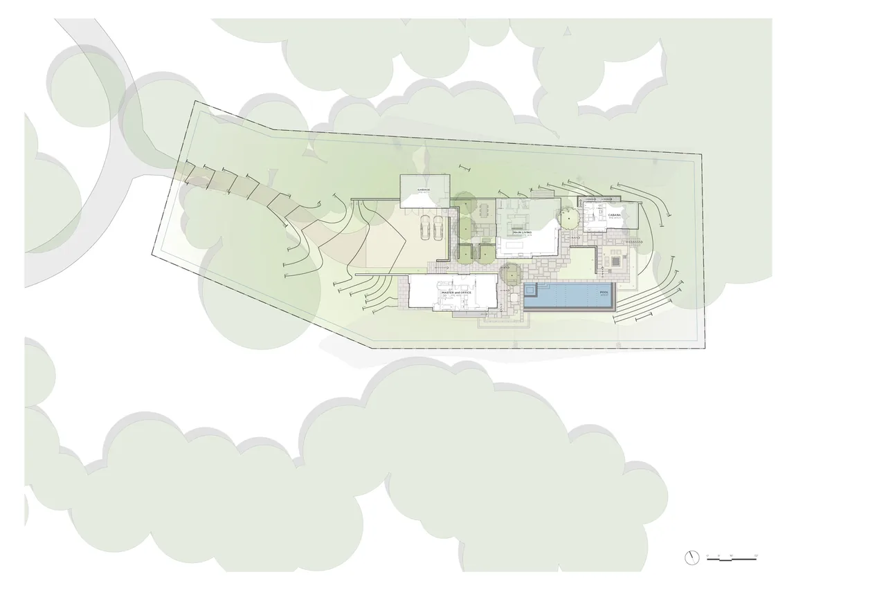 Site plan of Stone Villa, highlighting the arrangement of structures, outdoor areas, and surrounding trees.