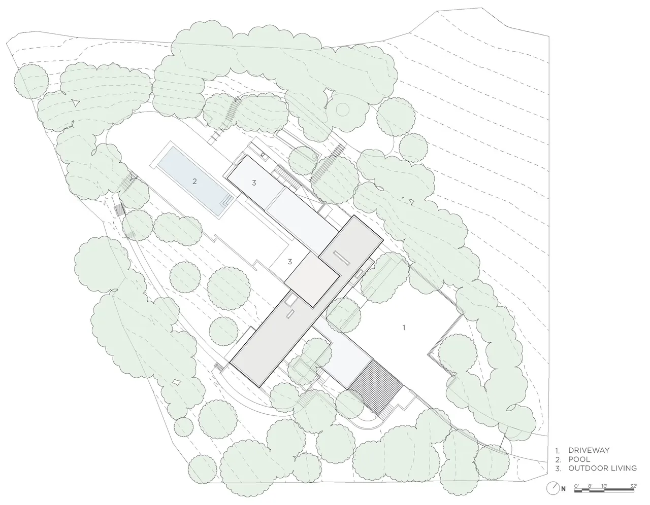 Site plan for Guzhai project showing the driveway, pool, outdoor living spaces, and surrounding vegetation.