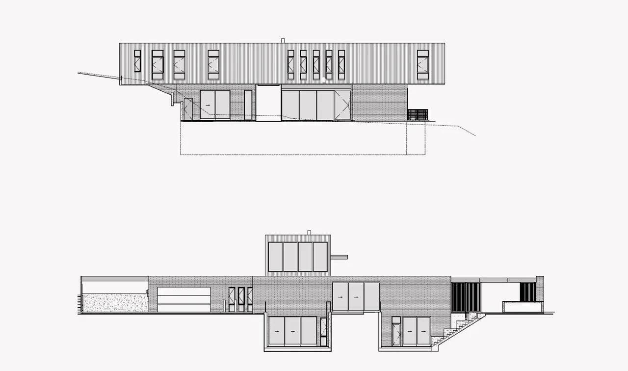 Elevation drawings of Guzhai project by Feldman Architecture showing exterior design with vertical windows and flat roof.