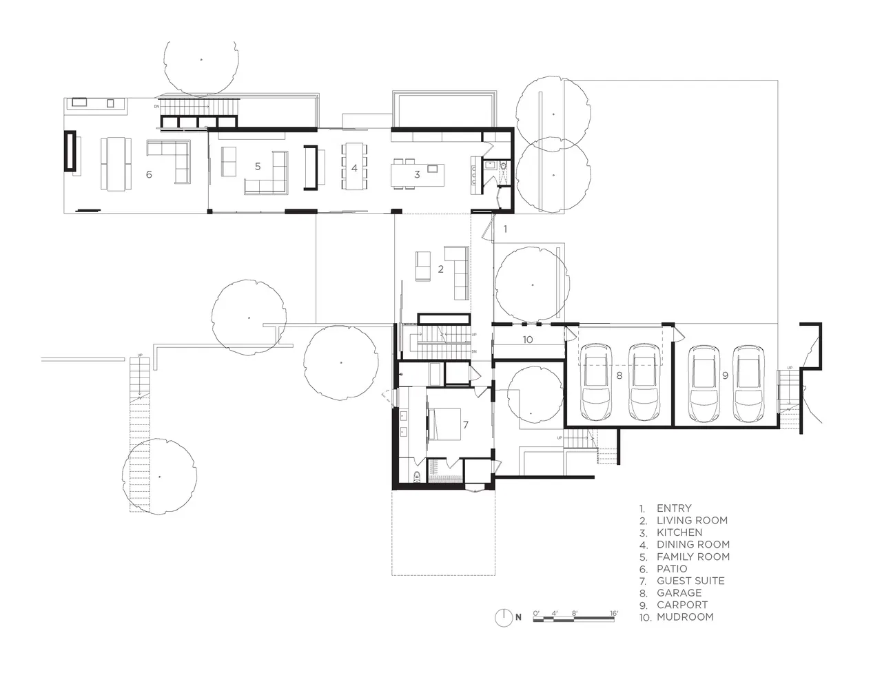 Floor plan of Guzhai project by Feldman Architecture showing room layout including living, dining, kitchen, guest suite, garage, and patio.