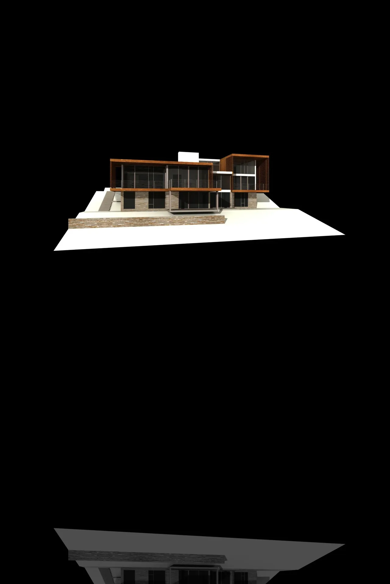 Rendering of Walloon Lake House showing modern design with stone and wood materials, and floor-to-ceiling glazing.