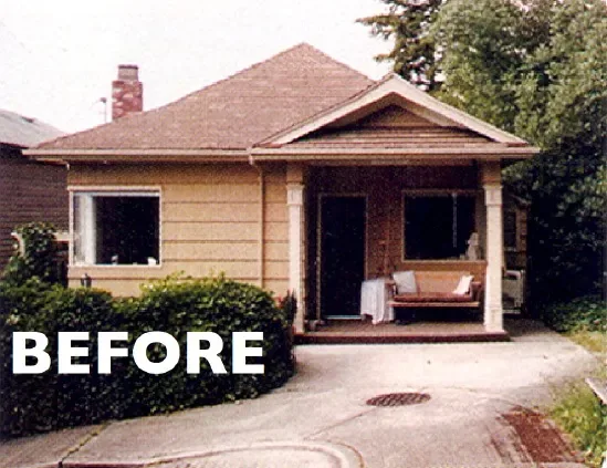The existing small house features a beige exterior with horizontal siding and a gable roof.