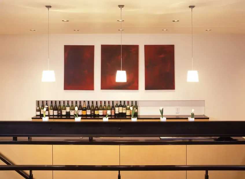 Bar area with three red abstract paintings, pendant lights, and a row of bottles and potted plants on the counter.