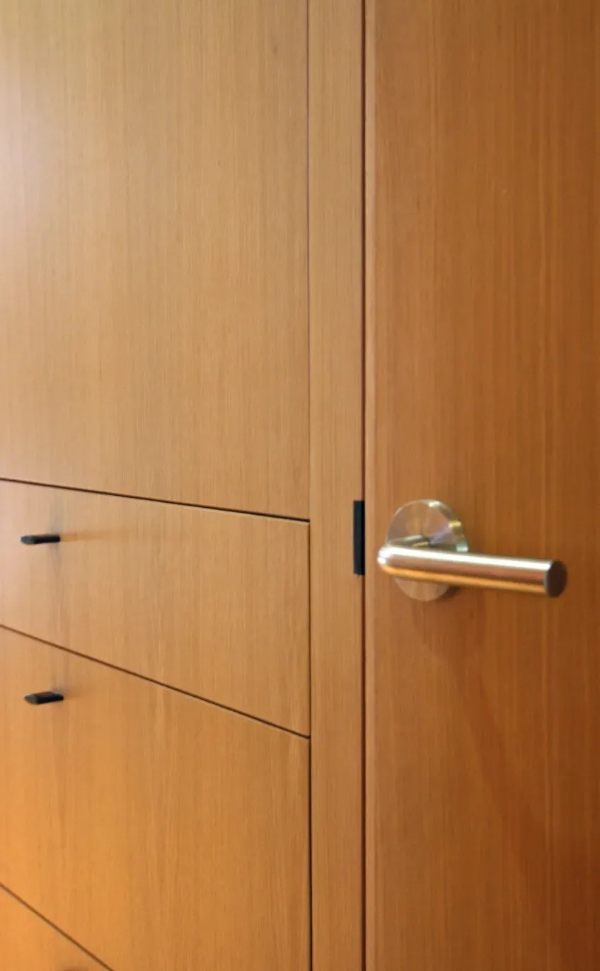 Detail view of wood cabinetry panels with sleek metal handles.