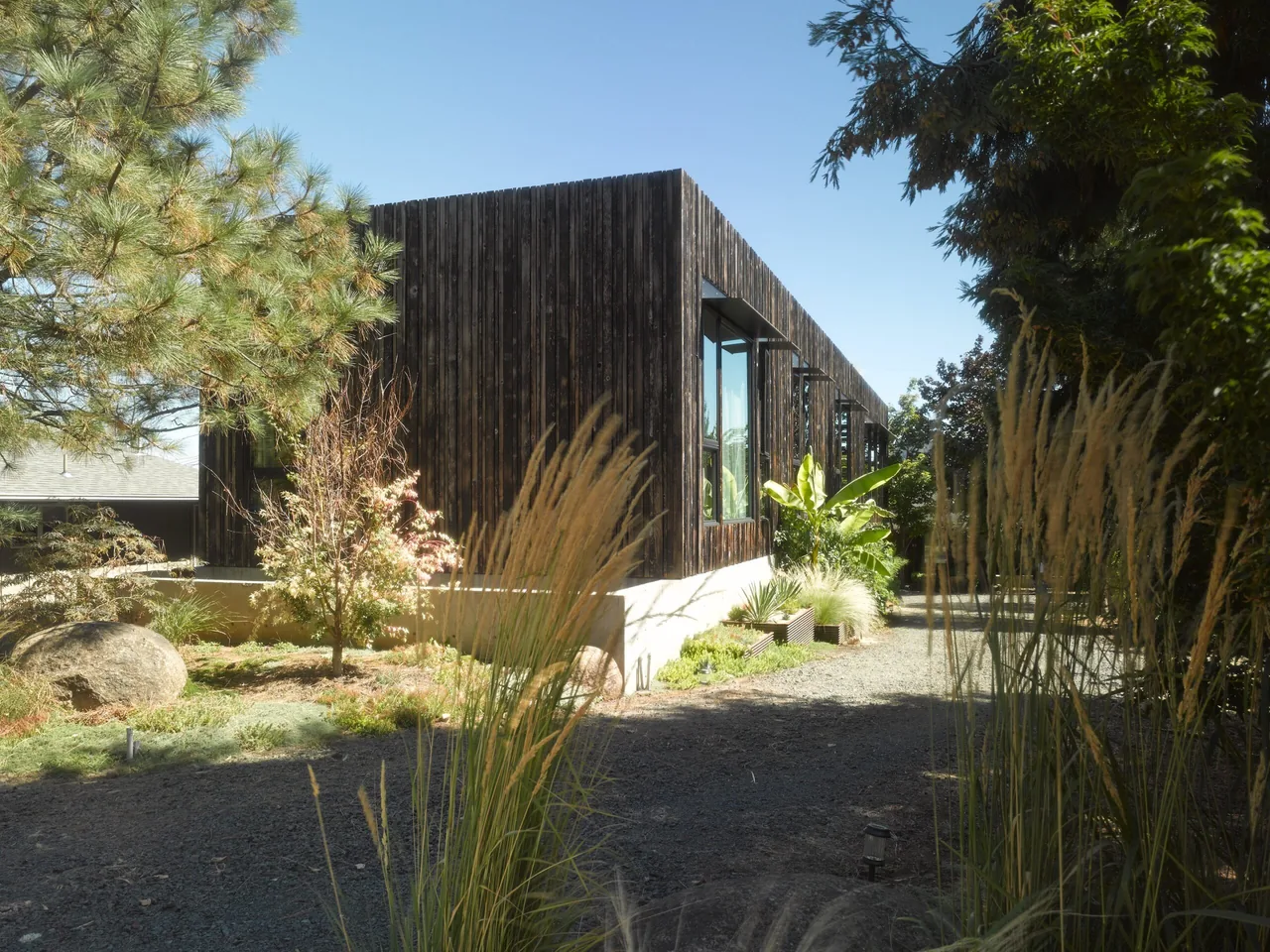 Side view of House for a Cabinetmaker with charcoal vertical wood siding and large windows by Eggleston Farkas Architects.