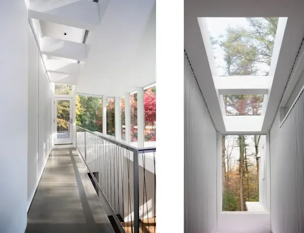 Coulter House hallway features three skylights above and floor-to-ceiling windows with a view of autumn foliage outside.