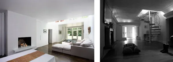 Living area in Coulter House features a minimalist fireplace, sectional sofa, and large window in a bright space