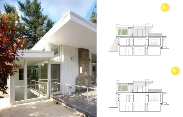 The Coulter House features large glass windows, a stone foundation detail, and a flat roof in a wooded setting.