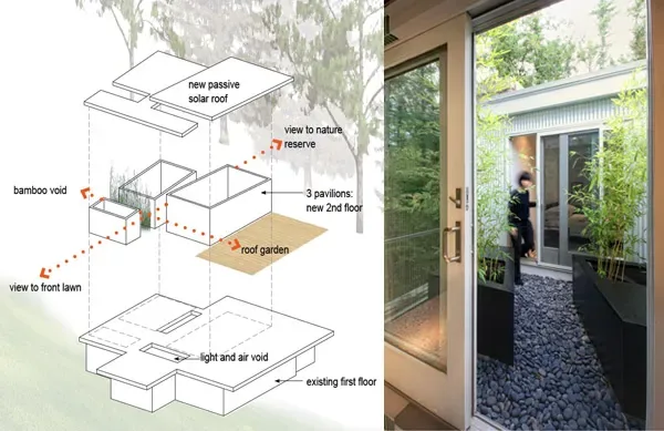 Courtyard with bamboo plants in tall planters and a dark river rock ground surface.
