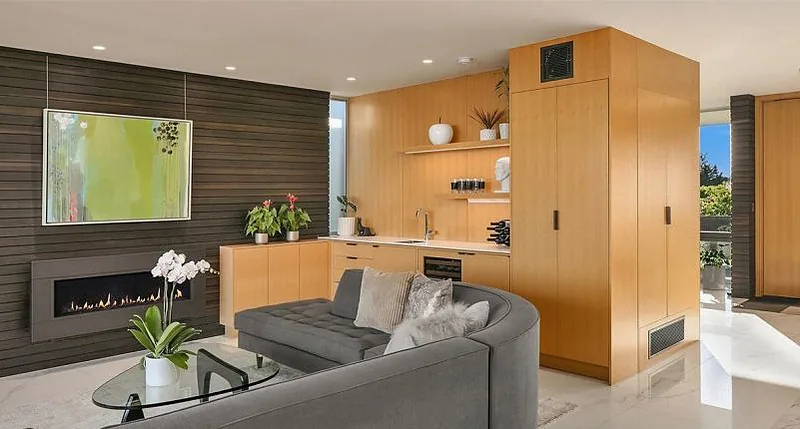 Living room features light wood cabinetry with open shelves, a dark paneled wall with a linear fireplace, and a curved gray sofa.