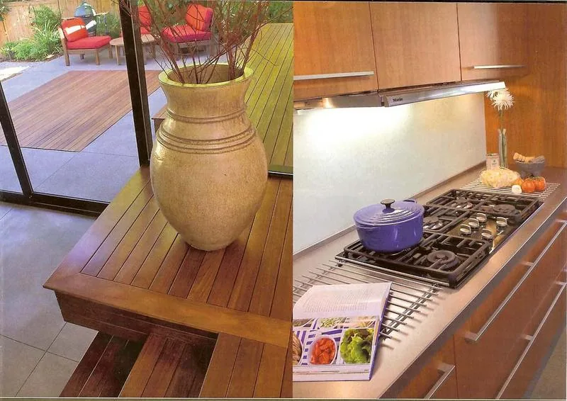 The left shows an outdoor wooden deck with chairs by sliding glass doors; the right depicts a kitchen with a gas range and wooden cabinets.