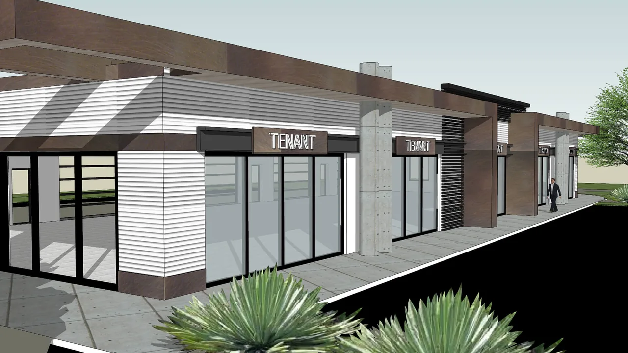 Modern commercial building exterior with glass storefronts and concrete columns in a clean, linear design.