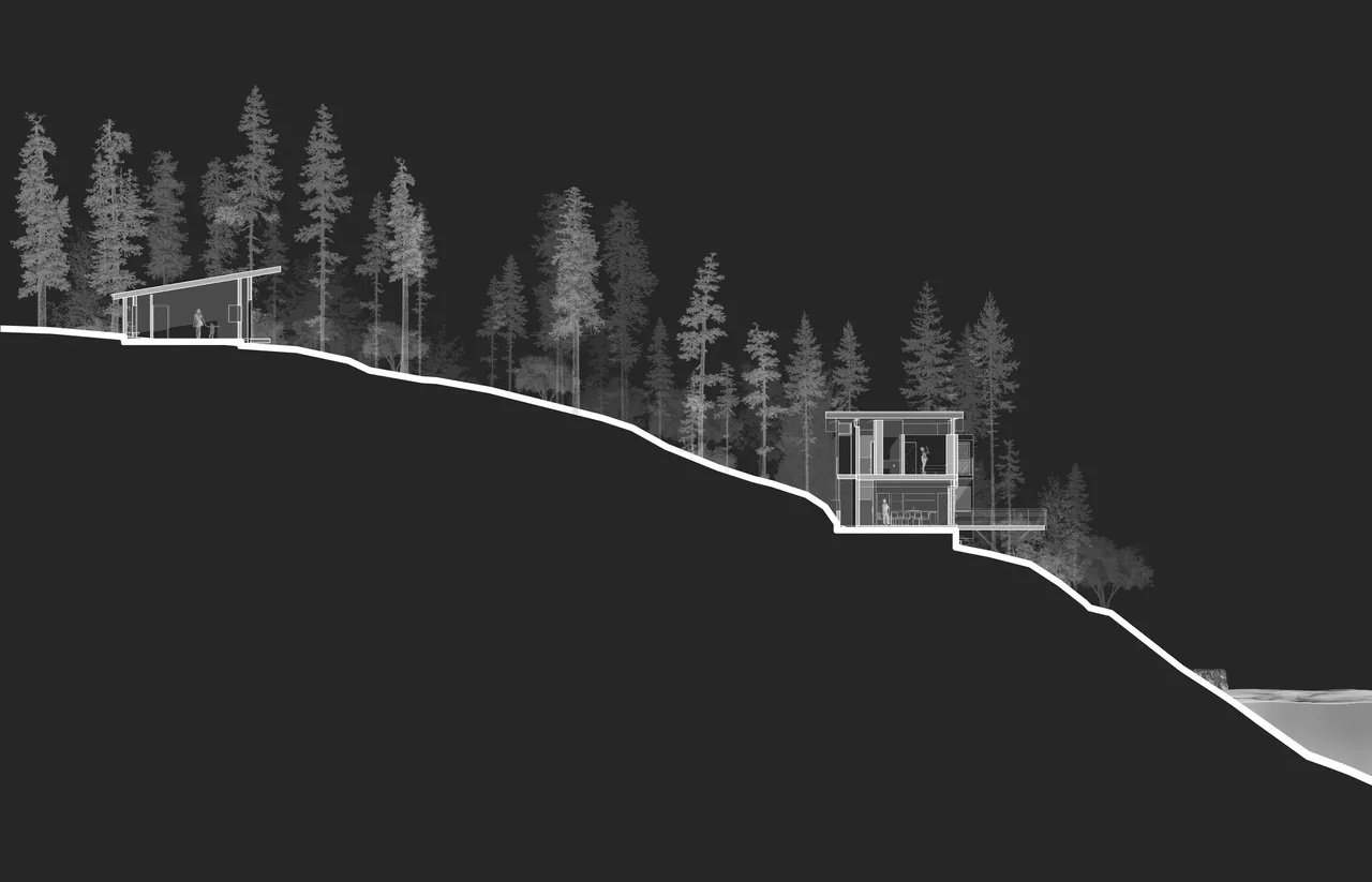 Section view of two cabins on a sloped forest site with extensive glazing and overhanging roofs connecting indoor and outdoor spaces.