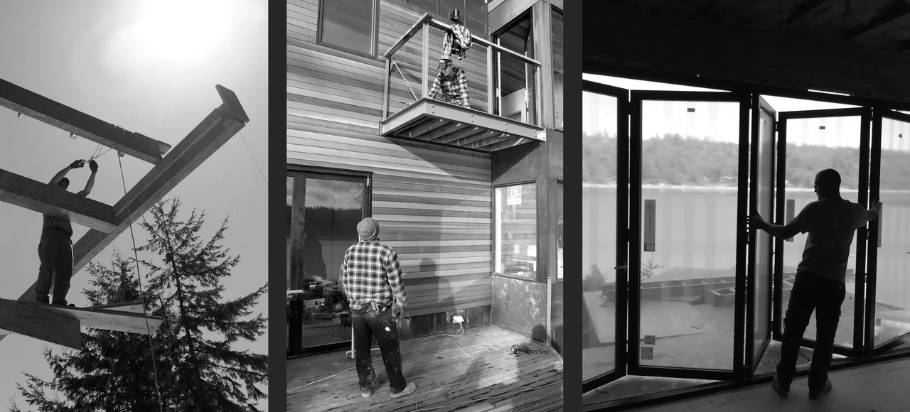 Herron Island Cabin construction showing cabin framing, wood siding installation, and folding glass doors with lake views.