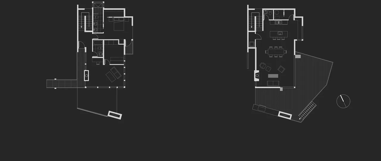 Floor plans for the Herron Island Cabin project, featuring living, dining, kitchen, bedrooms, and decks on two levels.