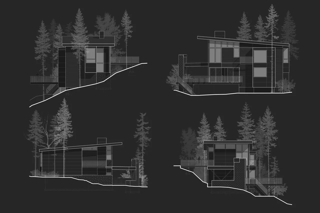 Elevation drawings of Herron Island Cabin showing sloped terrain and surrounding trees in four views.