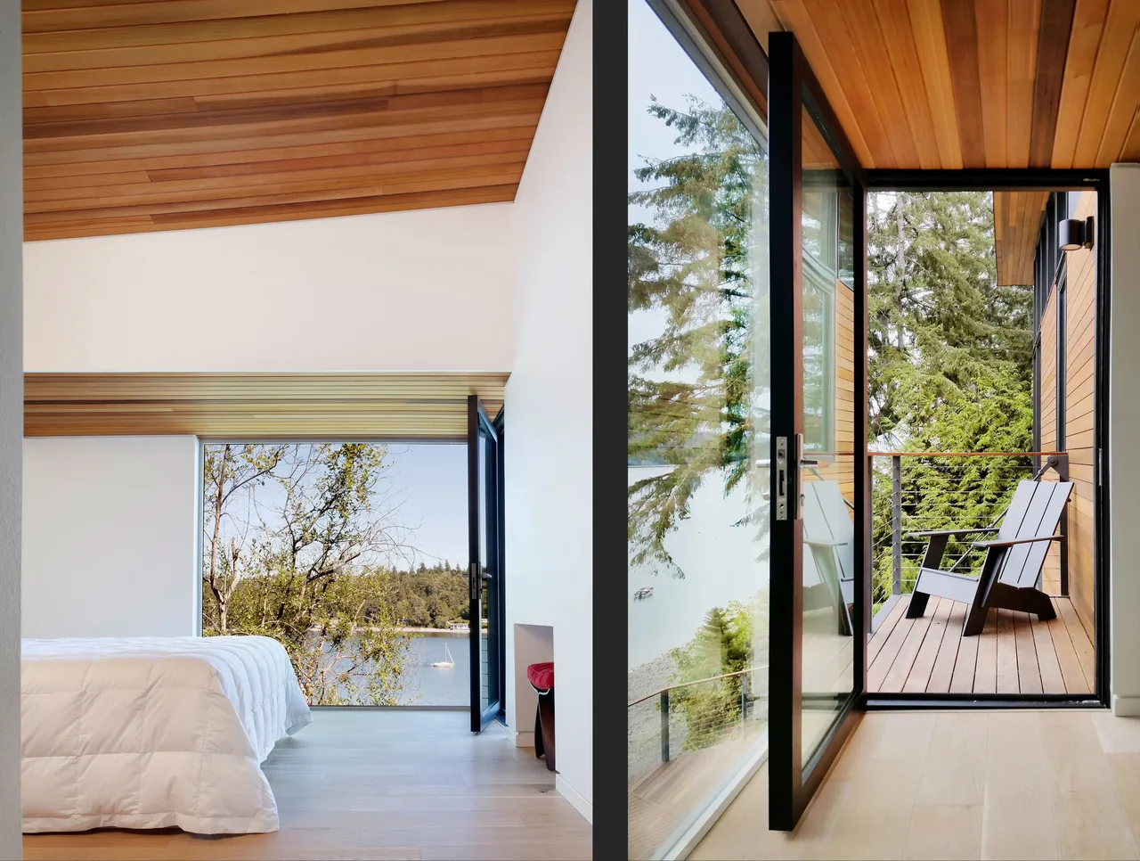 Bedroom with wood ceiling, floor-to-ceiling glazing, and a balcony with metal cable railing overlooking a waterfront view.