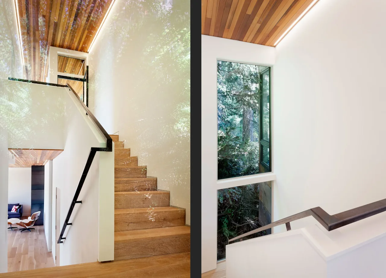 Stairwell features wood stairs, black handrails, a wood ceiling soffit, and tall windows framing a forest view.