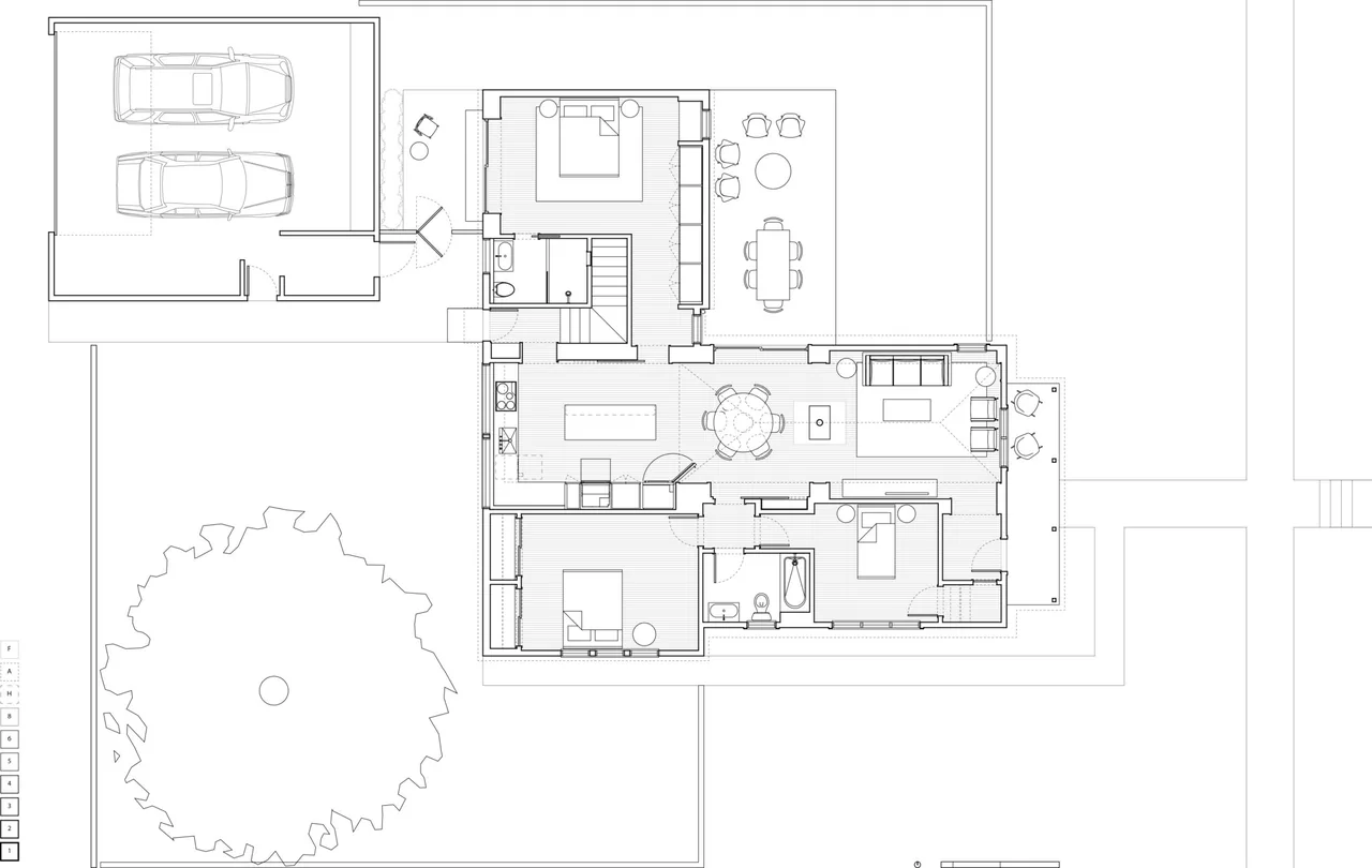 Floor plan layout with two-car garage, open kitchen and living area, dining space, and bedrooms with bathrooms.