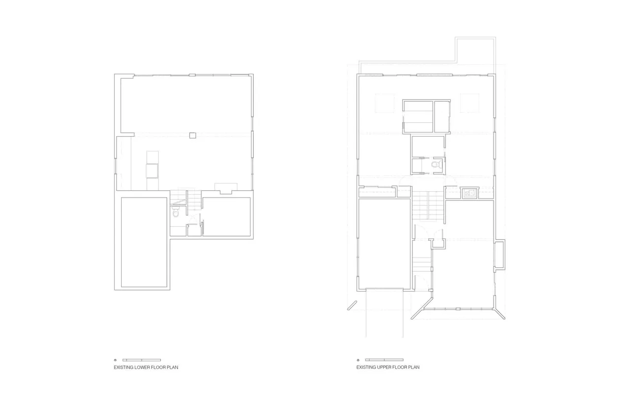 Existing lower and upper floor plans for the Kivett Redux residential project by Forward Design Architecture.