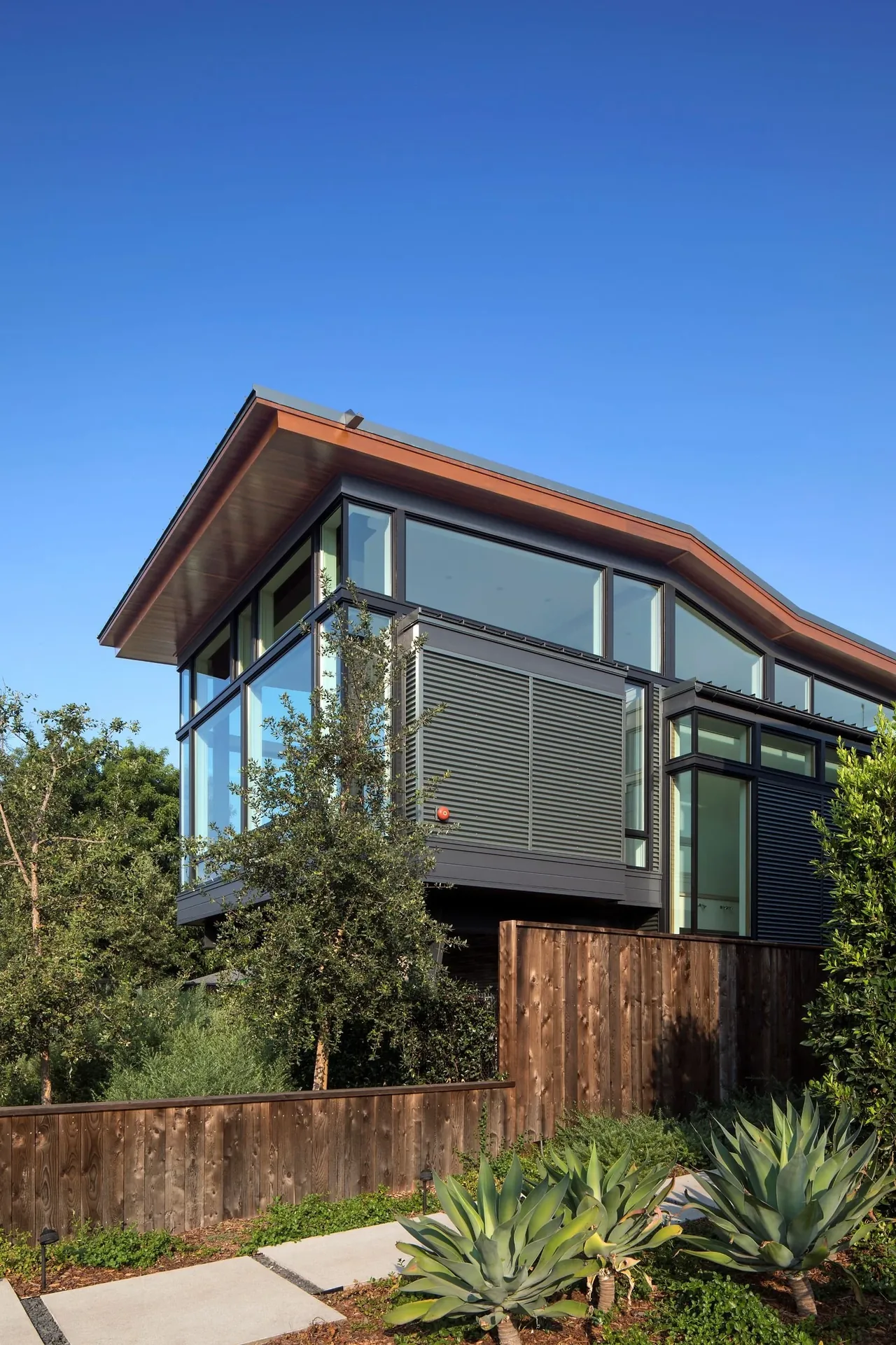 The Venice project by FINNE Architects features expansive glass windows and a wood-accented roof overhang in a modern design.