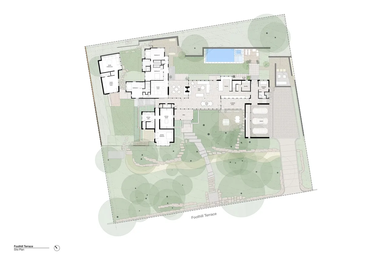 Site plan of Foothill Terrace residence with pool, multiple garden zones, pathways, and parking areas.