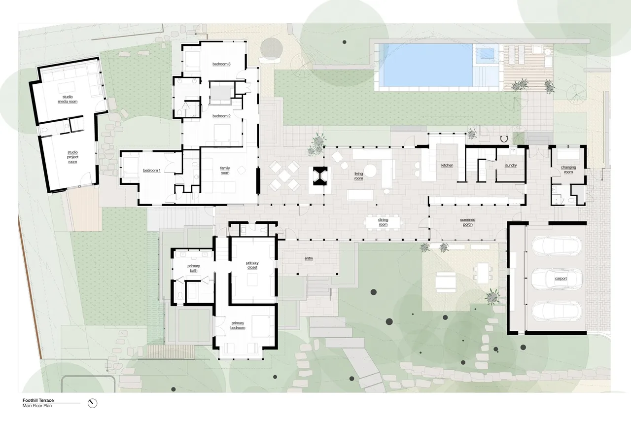 Floor plan of Foothill Terrace by Furman + Keil Architects shows bedrooms, living spaces, kitchen, screened porch, media studio, and carport.